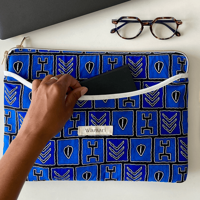 Pochette ordinateur / tablette Bogolan bleu